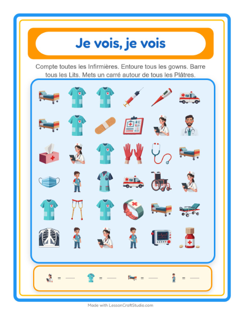 Aperçu de la fiche Trouve Et Compte avec Hôpital pour École maternelle (petite/moyenne section, 3-5 ans)