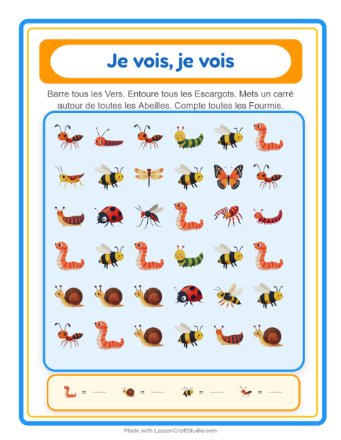 Aperçu de la fiche Trouve Et Compte avec Insectes et bestioles pour École maternelle (petite/moyenne section, 3-5 ans)