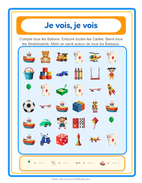Aperçu de la fiche Trouve Et Compte avec Jouets pour École maternelle (petite/moyenne section, 3-5 ans)