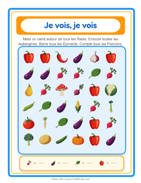 Aperçu de la fiche Trouve Et Compte avec Légumes pour École maternelle (petite/moyenne section, 3-5 ans)