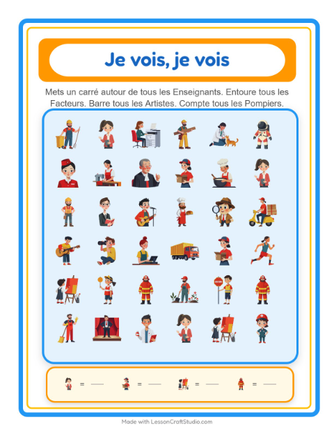 Aperçu de la fiche Trouve Et Compte avec Métiers pour École maternelle (petite/moyenne section, 3-5 ans)