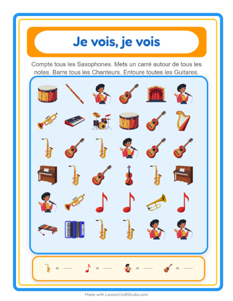 Aperçu de la fiche Trouve Et Compte avec Musique pour École maternelle (petite/moyenne section, 3-5 ans)