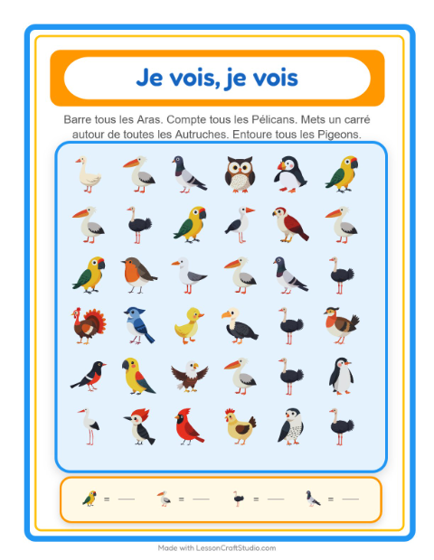 Aperçu de la fiche Trouve Et Compte avec Oiseaux 2 pour École maternelle (petite/moyenne section, 3-5 ans)