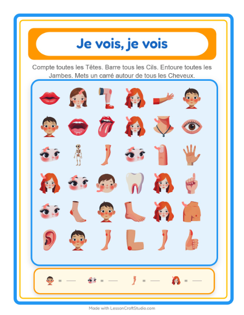 Aperçu de la fiche Trouve Et Compte avec Parties du corps pour École maternelle (petite/moyenne section, 3-5 ans)