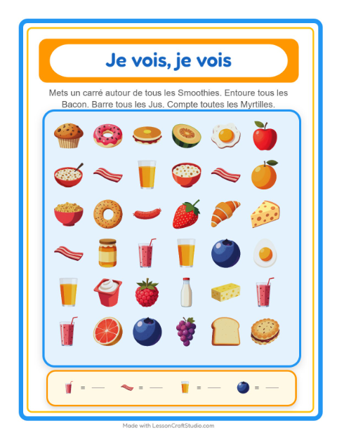 Aperçu de la fiche Trouve Et Compte avec Petit-déjeuner pour École maternelle (petite/moyenne section, 3-5 ans)