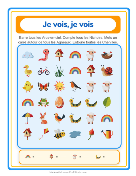 Aperçu de la fiche Trouve Et Compte avec Printemps pour École maternelle (petite/moyenne section, 3-5 ans)