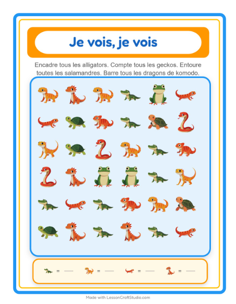 Aperçu de la fiche Trouve Et Compte avec Reptiles et amphibiens pour École maternelle (petite/moyenne section, 3-5 ans)