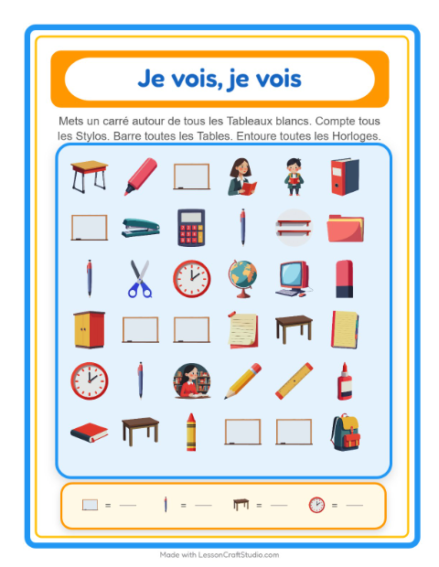 Aperçu de la fiche Trouve Et Compte avec Salle de classe pour École maternelle (petite/moyenne section, 3-5 ans)