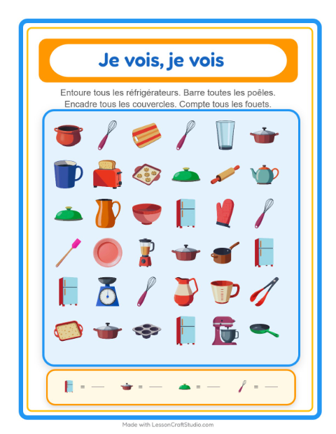 Aperçu de la fiche Trouve Et Compte avec Ustensiles de cuisine pour École maternelle (petite/moyenne section, 3-5 ans)