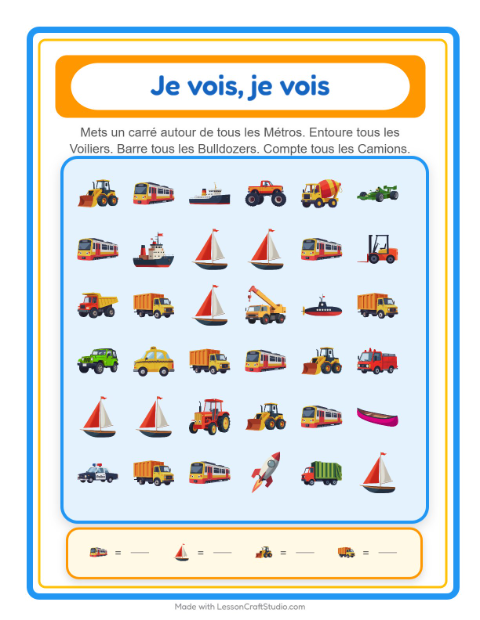 Aperçu de la fiche Trouve Et Compte avec Véhicules pour École maternelle (petite/moyenne section, 3-5 ans)