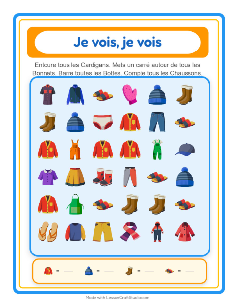 Aperçu de la fiche Trouve Et Compte avec Vêtements pour École maternelle (petite/moyenne section, 3-5 ans)