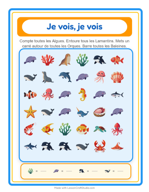 Aperçu de la fiche Trouve Et Compte avec Vie océanique pour École maternelle (petite/moyenne section, 3-5 ans)