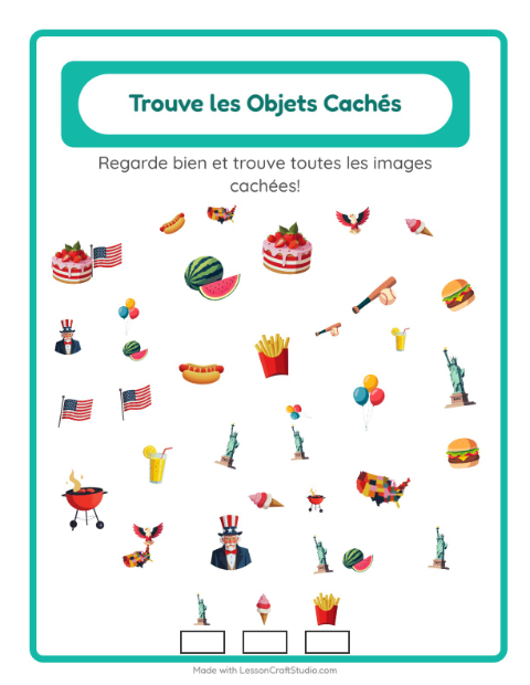 Aperçu de la fiche Trouve Les Objets avec 4 juillet pour École maternelle (grande section, 5-7 ans)