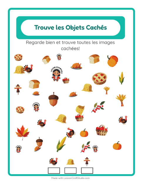 Aperçu de la fiche Trouve Les Objets avec Action de grâce pour École maternelle (grande section, 5-7 ans)