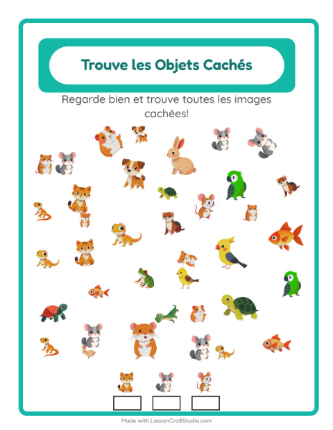 Aperçu de la fiche Trouve Les Objets avec Animaux de compagnie pour École maternelle (grande section, 5-7 ans)