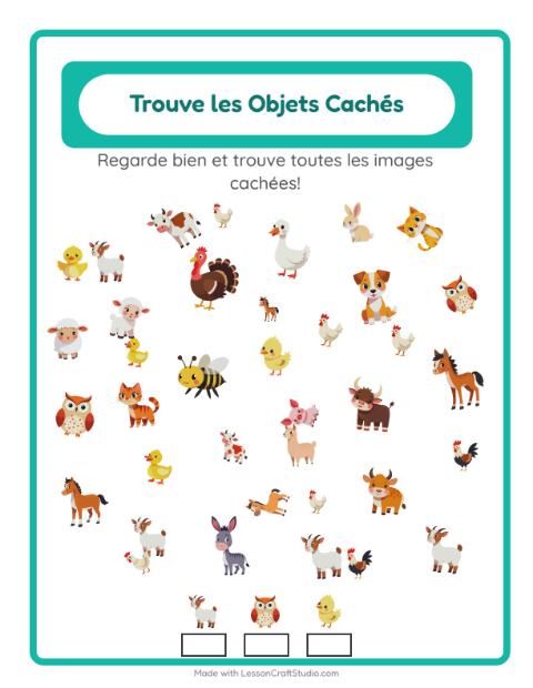 Aperçu de la fiche Trouve Les Objets avec Animaux de la ferme pour École maternelle (grande section, 5-7 ans)