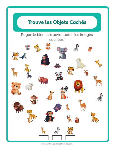 Aperçu de la fiche Trouve Les Objets avec Animaux du zoo pour École maternelle (grande section, 5-7 ans)