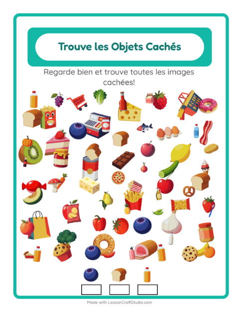Aperçu de la fiche Trouve Les Objets avec Au supermarché pour École maternelle (grande section, 5-7 ans)