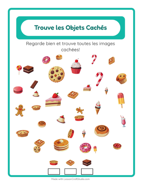 Aperçu de la fiche Trouve Les Objets avec Desserts et sucreries pour École maternelle (grande section, 5-7 ans)