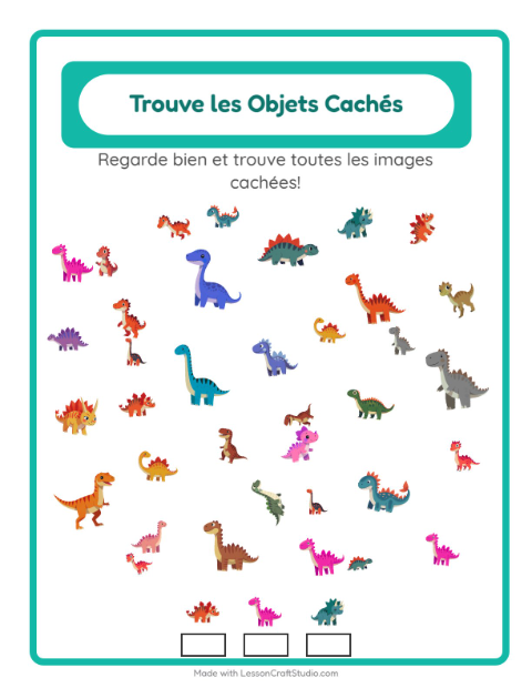 Aperçu de la fiche Trouve Les Objets avec Dinosaures pour École maternelle (grande section, 5-7 ans)