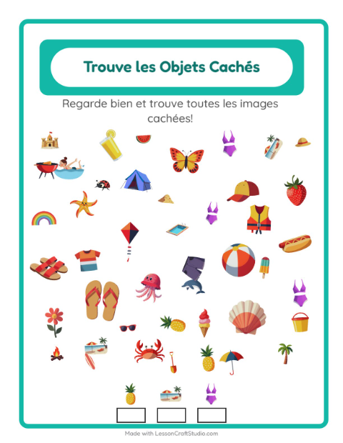 Aperçu de la fiche Trouve Les Objets avec Été pour École maternelle (grande section, 5-7 ans)