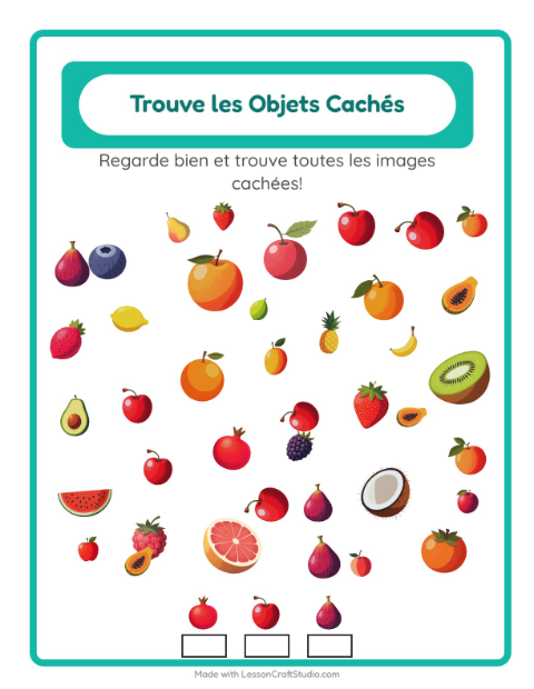 Aperçu de la fiche Trouve Les Objets avec Fruits pour École maternelle (grande section, 5-7 ans)
