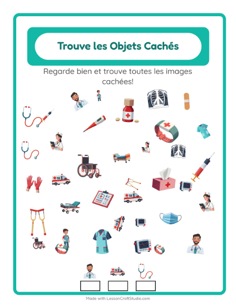 Aperçu de la fiche Trouve Les Objets avec Hôpital pour École maternelle (grande section, 5-7 ans)