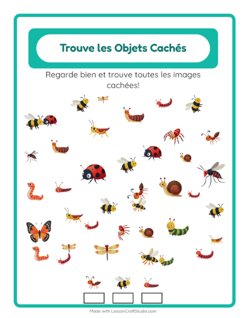 Aperçu de la fiche Trouve Les Objets avec Insectes et bestioles pour École maternelle (grande section, 5-7 ans)