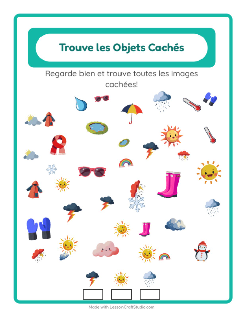 Aperçu de la fiche Trouve Les Objets avec Météo pour École maternelle (grande section, 5-7 ans)