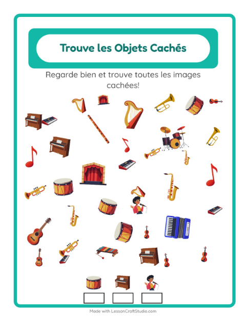 Aperçu de la fiche Trouve Les Objets avec Musique pour École maternelle (grande section, 5-7 ans)
