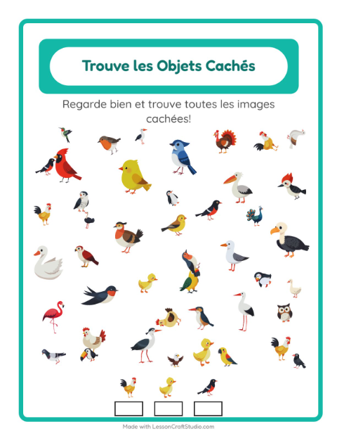 Aperçu de la fiche Trouve Les Objets avec Oiseaux 2 pour École maternelle (grande section, 5-7 ans)