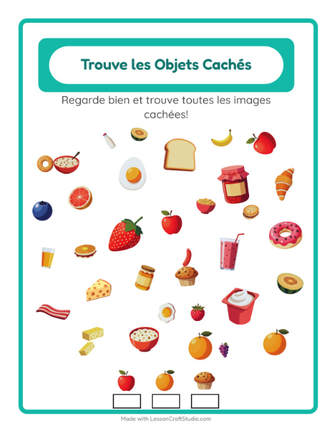 Aperçu de la fiche Trouve Les Objets avec Petit-déjeuner pour École maternelle (grande section, 5-7 ans)
