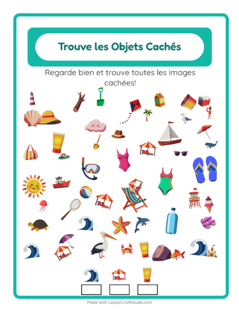 Aperçu de la fiche Trouve Les Objets avec Plage pour École maternelle (grande section, 5-7 ans)