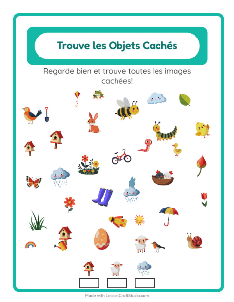 Aperçu de la fiche Trouve Les Objets avec Printemps pour École maternelle (grande section, 5-7 ans)
