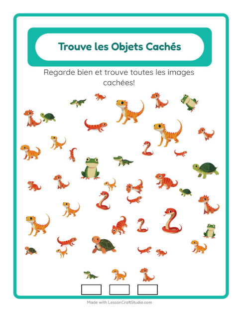 Aperçu de la fiche Trouve Les Objets avec Reptiles et amphibiens pour École maternelle (grande section, 5-7 ans)