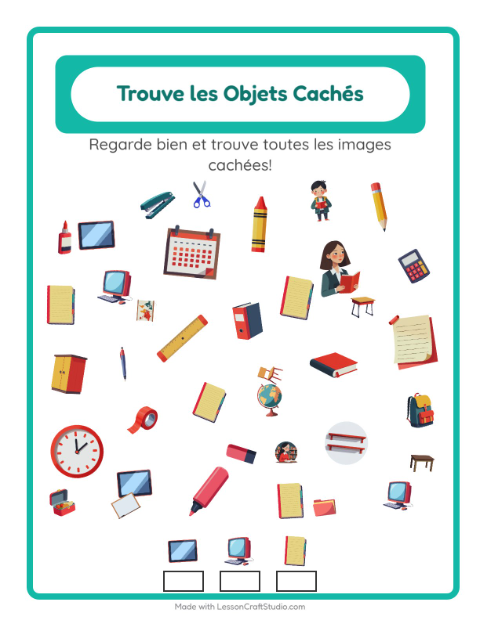 Aperçu de la fiche Trouve Les Objets avec Salle de classe pour École maternelle (grande section, 5-7 ans)