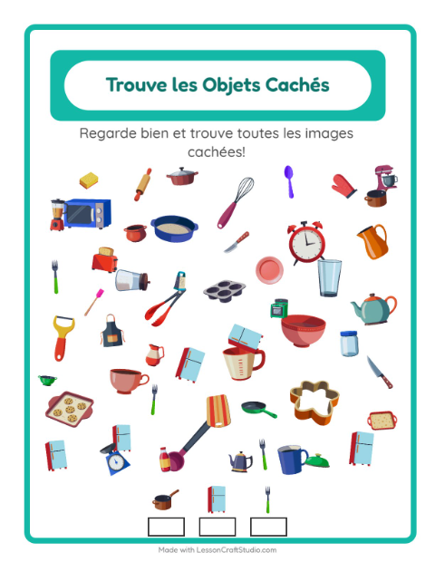 Aperçu de la fiche Trouve Les Objets avec Ustensiles de cuisine pour École maternelle (grande section, 5-7 ans)