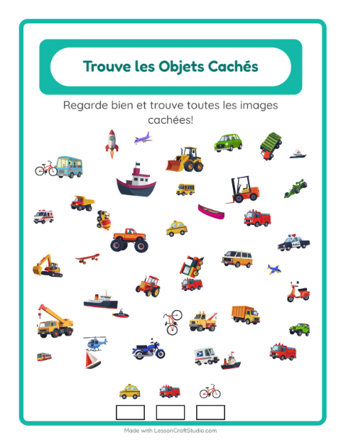 Aperçu de la fiche Trouve Les Objets avec Véhicules pour École maternelle (grande section, 5-7 ans)