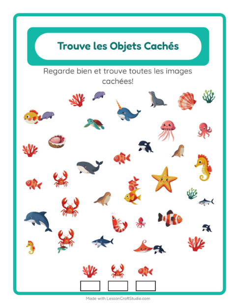 Aperçu de la fiche Trouve Les Objets avec Vie océanique pour École maternelle (grande section, 5-7 ans)