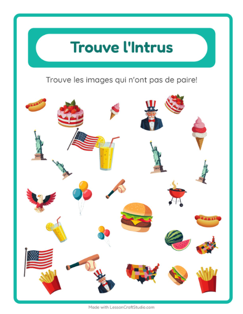 Aperçu de la fiche Trouve Les Objets avec 4 juillet pour École maternelle (grande section, 5-7 ans)