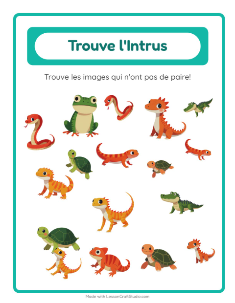 Aperçu de la fiche Trouve Les Objets avec Reptiles et amphibiens pour École maternelle (grande section, 5-7 ans)