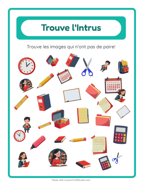 Aperçu de la fiche Trouve Les Objets avec Salle de classe pour École maternelle (grande section, 5-7 ans)