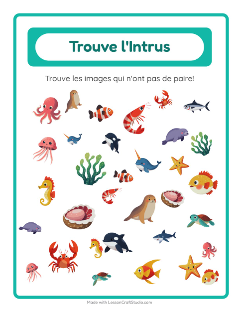 Aperçu de la fiche Trouve Les Objets avec Vie océanique pour École maternelle (grande section, 5-7 ans)