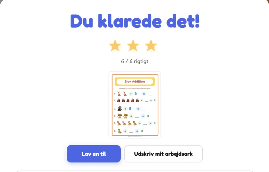Resultatskærmen efter selvrettelse: Du klarede det, 6 ud af 6 rigtige, tre guldstjerner