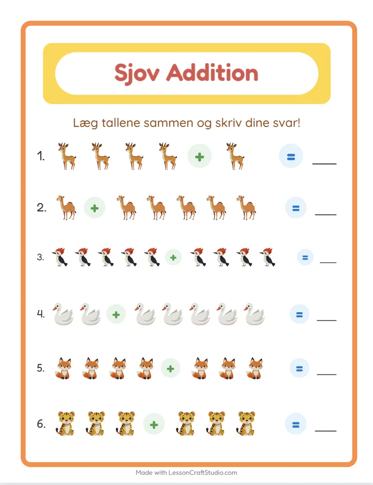 Et interaktivt arbejdsark med addition, der spilles i browseren, med udfyldelige svarfelter