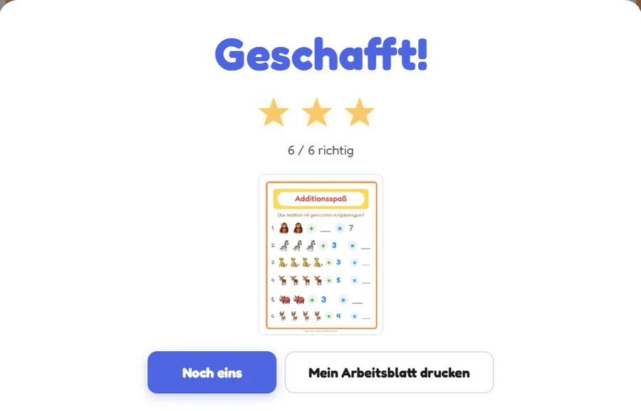 Der Ergebnisbildschirm nach der Selbstkorrektur: Geschafft, 6 von 6 richtig, drei goldene Sterne