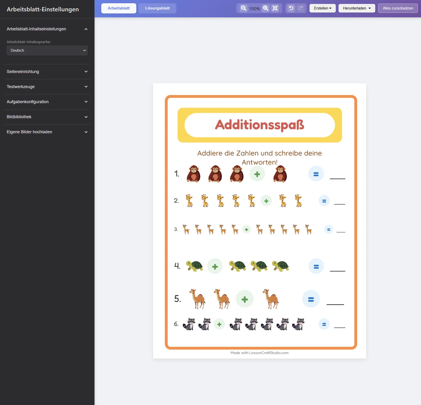 Der Arbeitsblatt-Generator: eine Seitenleiste mit Einstellungen (Seiteneinrichtung, Aufgabenkonfiguration, Bildbibliothek, eigene Bilder hochladen) neben einem fertigen Additions-Arbeitsblatt mit echten Illustrationen