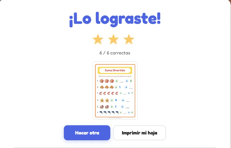 La pantalla de resultado autocalificado: ¡Lo lograste!, 6 de 6 correctas, tres estrellas doradas