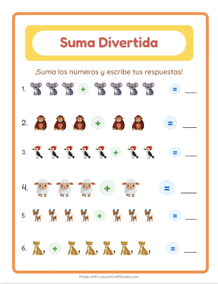 Una hoja de trabajo interactiva de sumas jugándose en el navegador, con casillas para escribir las respuestas