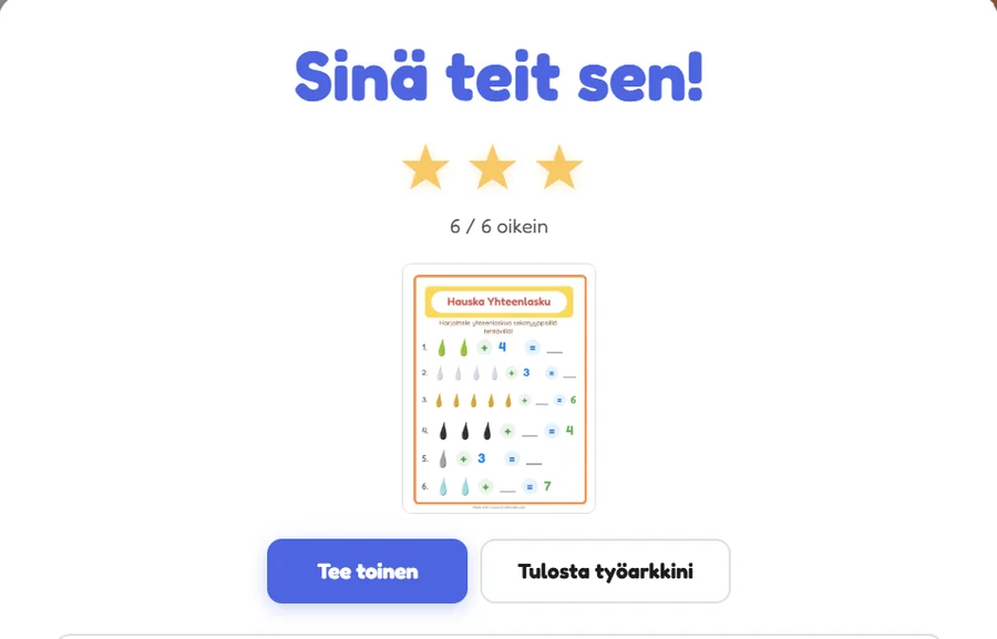 Itsekorjautuva tulosnäyttö: Onnistuit, 6/6 oikein, kolme kultatähteä